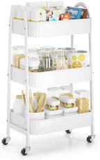 EAGMAK 3 Tier Rolling Cart Under Desk, Large Metal Storage Cart with Handle and Lockable Wheels, Big Multifunctional Storage Organizer Trolley for Kitchen, Living Room, Office, Garage (White) by EAGMAK
