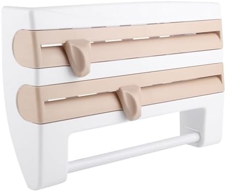 Plastic Wrap Dispenser, Wall Mount Kitchen Sauce Bottle Storage Rack Paper Towel Holder Foil Cling Film Cut Dispenser with Cutter (Khaki) - Image 2