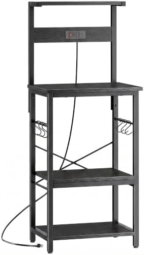 SUPERJARE 4 Tier Bakers Rack with Power Outlets, Microwave Stand with Adjustable Shelf, Kitchen Shelf Organizer for Small Space, Coffee Bar with 6 S Hooks, Kitchen Storage Rack, Black by SUPERJARE