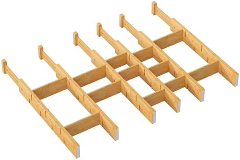 kiplant Bamboo Drawer Dividers - Adjustable Drawer Dividers for Kitchen, Clothes, Closet & Office - 6 Pack with Inserts, 18-22.6 Inches, Non-Slip Silicone Ends by kiplant
