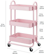Amazon Basics 3-Tier Rolling Utility or Kitchen Cart, Lockable Wheels, Multifunctional Storage, Metal Storage Organizer, Portable, Dusty Pink - Image 5