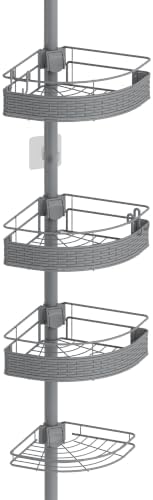 Rubbermaid Tension Pole Corner Shower Caddy: 4-Tier Bathroom Organizer Shelves, No Drill Installation for Renters, Apartments, Dorms, Family Bathroom, Adjustable 60-108 Inch, Gray by Rubbermaid