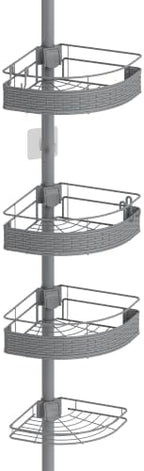 Rubbermaid Tension Pole Corner Shower Caddy: 4-Tier Bathroom Organizer Shelves, No Drill Installation for Renters, Apartments, Dorms, Family Bathroom, Adjustable 60-108 Inch, Gray by Rubbermaid