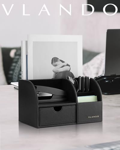 VLANDO 2 Pcs PU Leather Desk Caddy Set with Drawer,Pen Holder - Image 6