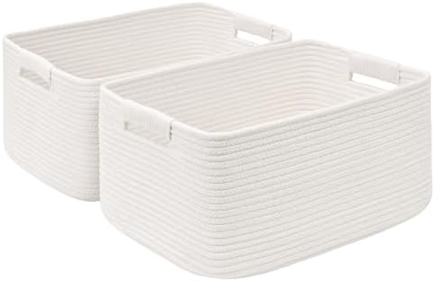 2 Pack Large Storage Basket for Organizing, 17.5"x13"x7" Woven Basket for Shelves, Closet Cube Storage Bins with Wrapped Handle, Cotton Rope Baskets for Kitchen, Clothes, Toys(Off White) by Degeyoyo