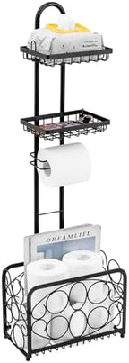 Oasis Creations Toilet Paper Holder Tissue Rack Stand with Magazine Toilet Roll Storage Basket- Freestanding, Black Metal by OasisCreations