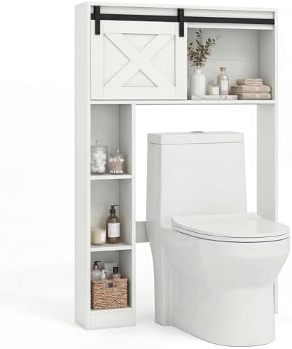 GIANTEX Over The Toilet Storage Cabinet - Freestanding Bathroom Organizer with Sliding Barn Door & Storage Shelves, Multifunctional Bathroom Toilet Rack for Bathroom, Restroom, Laundry (White) by Giantex