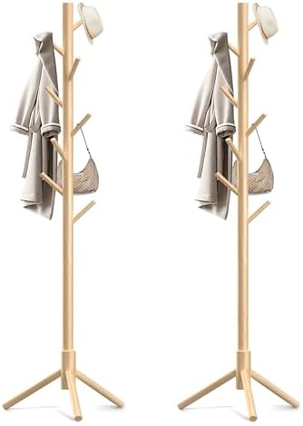Aliphon Wooden Coat Rack Stand, Freestanding Coat Rack with 8 Hooks, 3 Adjustable Size Coat Tree for Hats, Coats, Scarves bags, Coat Hanger Stand Used in Bedroom/Office/Entryway,2 PCS (Natural) by Aliphonbyningge_ysHOME