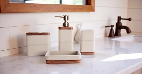 Hymmah Leather Pattern Design Bathroom Accessories Set,Farmhouse Bathroom Decor,4 Pcs Resin Gift Set Apartment Necessities, Contain Cotton Swab Jar,Soap Dispenser,Tumbler，Soap Dish/Tray - Image 4