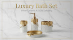 Hymmah Bathroom Accessories Set,Golden Design Toothbrush Holder,Farmhouse Bathroom Decor,4 Pcs Resin Gift Set Apartment Necessities, Contain Toothbrush Cup,Soap Dispenser,Soap Dish,Tumbler - Image 3