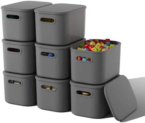 ORGIDOL 8 Pack Dark Grey Storage Bins with Lids Stackable Storage Container for Organizing, Storage Boxes with Handle for Shelves, Cute Organizer Bins for Craft, Snacks, 9.85x6.9x5.7 inch by ORGIDOL