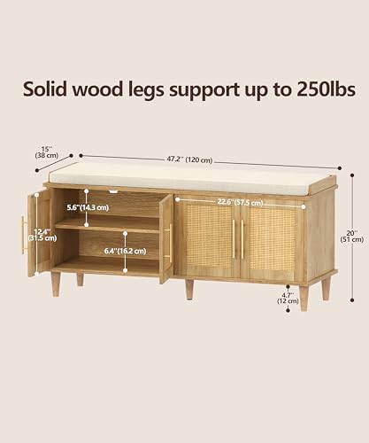 Akxomel 47.2" Rattan Shoe Storage Bench 4 Doors Wooden Entryway Bench Oak - Image 3