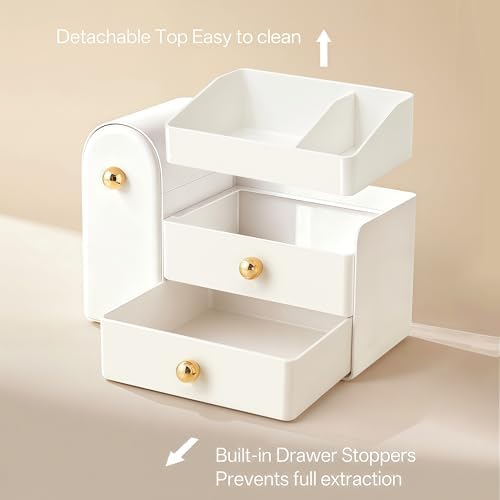 HBlife Makeup Organizer Countertop with Drawers, Vanity Organizers with Brush Holder, Bathroom Counter Organizer for Perfume, Nail Polishes, Lipsticks, Skincare and Eyeshadow Palettes, White - Image 5