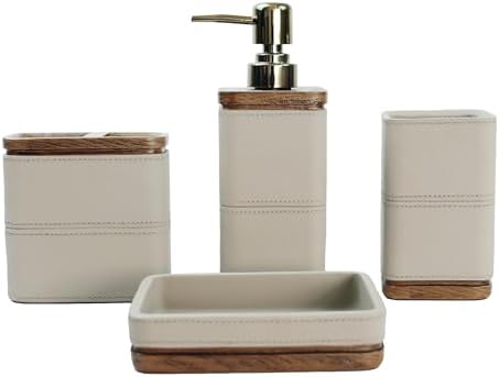 Hymmah Leather Pattern Design Bathroom Accessories Set,Farmhouse Bathroom Decor,4 Pcs Resin Gift Set Apartment Necessities, Contain Cotton Swab Jar,Soap Dispenser,Tumbler，Soap Dish/Tray by Hymmah