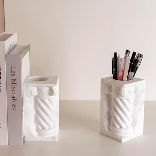 BCS Aesthetic Roman Column Book Ends, 4-in-1 Heavy Duty Marble Bookend for Shelves, Decorative Pen Holder, Classic Greek Statue for Office Home Desk Decor(1PC, White) - Image 3