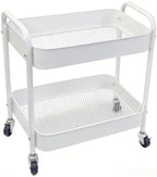 Under Desk Storage Cart 2 Tier Utility Rolling Cart with Wheels, Small Metal Mobile Trolley with Handle Two Tiered Utility Organizer Roller for Kitchen Office Bathroom Pantry Room, White by Ufriandz