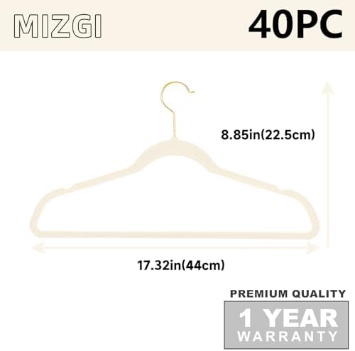 MIZGI Premium Velvet Hangers Pack 40 Pcs Heavy Duty - Non Slip Felt Hangers - Velvet Suit Hangers Ivory with Gold Hooks,Space Saving Clothes Hangers - Image 6