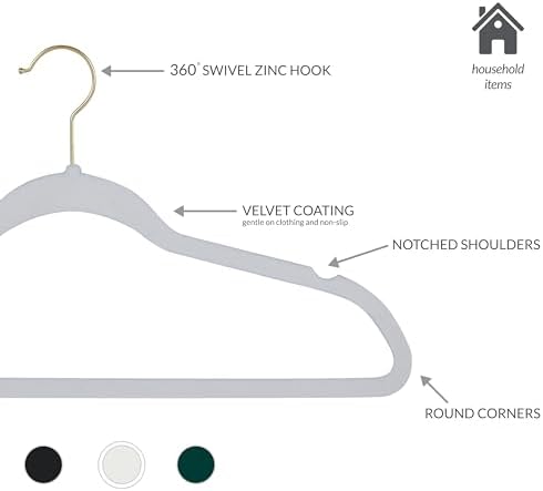 Simplify Slim Velvet Gold Hook Clothes Hangers 100 Pack | Non-Slip | Shirts | Suit | Pants | Dresses | Garments | Closet Storage & Organization | Durable | White - Image 3