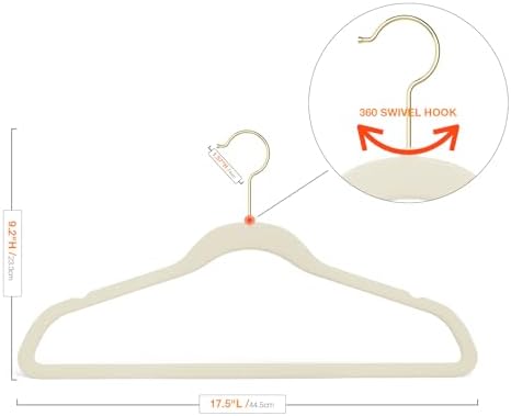Korpai 50 Pack Beige Velvet Hangers,Felt Hangers with Gold 360°Swivel Hook,Coat Hanger Non Slip,Heavy-Duty,Space Saving,Slim Clothes Hangers for Pants,Outfit,Skirts,Suits,Coats,Dresses ect. - Image 2