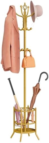 Tajsoon Coat Rack with Umbrella Holder, Coat Tree With 16 Hooks, Gold by Tajsoon