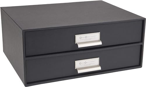 Bigso Box of Sweden Birger 2-Drawer Fiberboard Label Frame Document Letter Box | Desktop Drawers for Loose Papers, Documents with Metal Label Holder | 13.1" x 10" x 5.7" | Dark Grey by Bigso