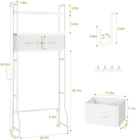 YBING Over The Toilet Storage Cabinet, Over Toilet Bathroom Organizer with Drawer, Roll Holder and Hooks, Bathroom Storage Cabinet, Wooden, White - Image 2