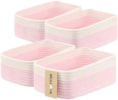 MiniArk Small Storage Baskets for Organizing | Closet Organizer Bins | Shelf Toy Basket | Woven Rope Baskets | Cube Decorative Box | Shallow Basket | 11.5x7.5x4.7” | 4 Packs White Pink by MiniArkStorageBasketsHome