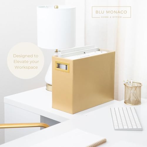 BLU MONACO | Magazine Holder Wooden Gold Basket | Vertical File Organizer for Floor or Bathroom | Narrow Decorative Storage Rack with Handles - Image 2