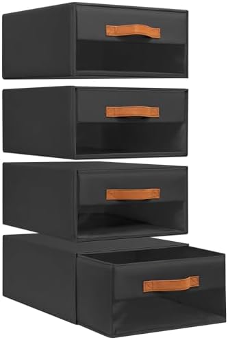 DIMJ Closet Organizers and Storage - Foldable Storage Bins with Drawers Fabric Stackable Storage Drawers with Clear Window,Fabric Clothes Organizers and Storage Drawers for Closet, 4-Pack, Black by DiMJ