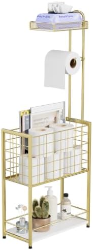 SWTYMIKI Freestanding Toilet Paper Holder - 4-Tier Free Standing Toilet Paper Holder Stand with Large Basket, Stand Mega Roll Storage Rack for Extra Rolls, Magazines, Wet Wipes, Gold by SwtyMiki-TidyHomeSweetLife