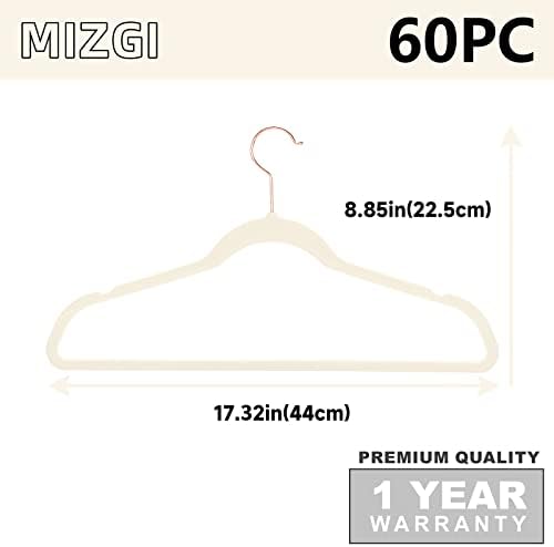 MIZGI Ivory Velvet Hangers 60 Pack Non Slip Heavy Duty Rose Gold Hooks - Image 6