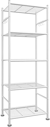 Sakugi 5T Storage Rack Organizer with Hooks, Heavy Duty Metal Garage Rack with Leveling Feet, Freestanding Utility Rack for Bedroom, Balcony and Garage, 18.1"×12.4"×56.8", White by Sakugi