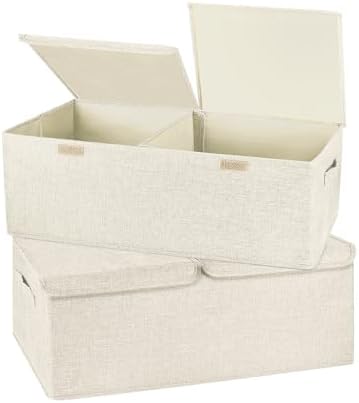 2 Pack Large Storage Boxes with Lids and Handles, Collapsible Linen Storage Bins Organizer Containers Baskets Cube with Removable Divider for Home Bedroom Closet Office (Cream, Small) by Unknown