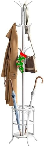 Coat Rack Freestanding with Umbrella Stand with 12 Hooks Metal Coat Tree Coat and Hat Hanger Jacket Entryway Coat Rack (White) by FILWH