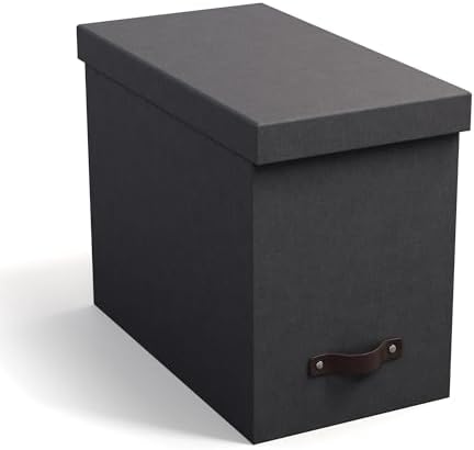 Bigso John Desktop File Box - Storage Solution and Document Organizer for Important Paperwork - Durable Hanging File Box with Lid and Leather Handle - 7.36 in x 13.26 in x 10.51 in - Black by Bigso