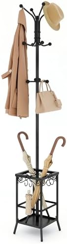 Hoctieon Coat Rack Freestanding, Coat Tree with Umbrella Holder, Metal Coat Rack Stand with 12 Hooks, Standing Coat Hanger Stand, Umbrella Stand for Entryway, Hat Rack Stand for Home Office, Black by Hoctieon
