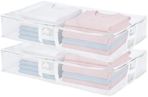 uxcell 2Pcs Under Bed Storage Bags, 27.6" L x 18.5" W x 5.6" H Foldable Fabric Zipper Container with Handles, Collapsible Clear Window Bags for Bedroom Dorm, Blanket Pillows Shoes, White by uxcell