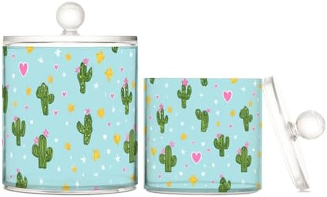 Blue Cactus Hearts Stars Qtip Holder Waterproof Dustproof Apothecary Jars with Lids For Bathroom Cotton Swabs Makeup Sponges Floss Picks Bath Salts 2 Pack by Tatenale