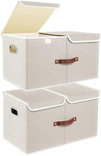 TYEERS Extra Large Collapsible Storage Bins with Lids and Compartments, Washable, Fabric Storage Boxes, 21.7x13x11.8 inches, 2 Pack, Beige by StorageOrganization