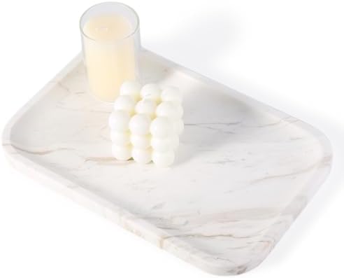 Karibiber Marble Vanity Tray, Marble Bathroom Tray Countertop, Decorative Trays for Dresser Organizer, White Stone Storage Serving Trays for Kitchen, Perfume, Jewelry Cathall Holder, Unique Veining by Karibiber