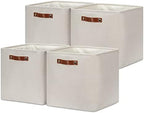 DULLEMELO Storage Bins, 4 Pack Of 13x13x13 Decorative Storage Cube Bins Suit Office, Home, Shelves And Closet, Cube Storage Bin with Leather handle(4 Pack - 13" Beige) by DULLEMELO