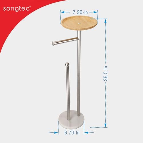 Toilet Paper Holder Stand with 7.9" Big Bamboo Tray, 2.2Lbs Heavier Marble Base, Floor Standing Paper Holder Stand with Phone Shelf, Reserve for 4 Rolls (Brushed Nickel) - Image 6