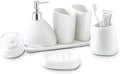 Ceramic Bathroom Accessory Set, 7 Pieces Countertop Accessories, Include Soap Dispenser, Toothbrush Holder, 2 Tumbler Cup, Soap Dish, Plastic Vanity Tray, Qtip Holder (White) by BLBYHO