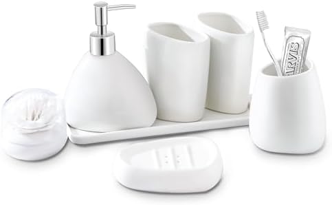 Ceramic Bathroom Accessory Set, 7 Pieces Countertop Accessories, Include Soap Dispenser, Toothbrush Holder, 2 Tumbler Cup, Soap Dish, Plastic Vanity Tray, Qtip Holder (White) by BLBYHO