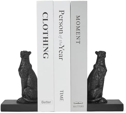 Black Cheetah Book Ends, Decorative Leopard Bookends for Shelves by Home