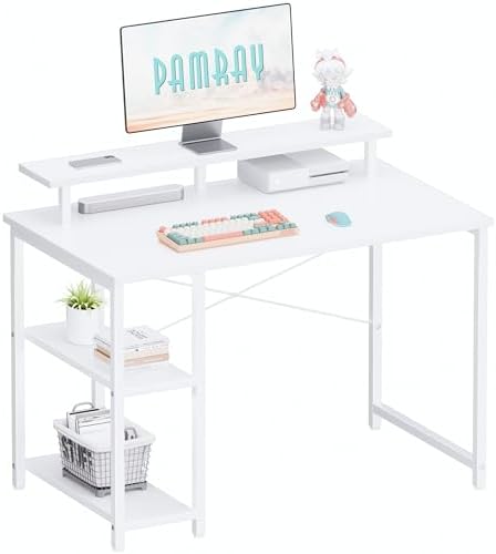 Pamray 33.5 Inch Small Computer Desk with Monitor Stand and Shelves by PAMRAY