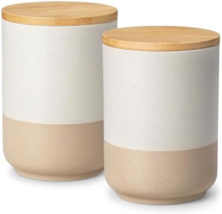 vancasso Sabine Large Ceramic Canister Set with Airtight Wood Lids - 2-Piece Kitchen Food Storage Jars for Flour, Sugar, Coffee & Tea (74 oz Each) - Big Capacity Countertop Jars by vancasso