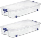 2 Pack 66 Quart Wheeled Underbed Storage Bins Clear Plastic Latching Lid Blue Rolling Organizer Containers by Unknown