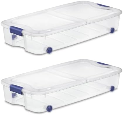 2 Pack 66 Quart Wheeled Underbed Storage Bins Clear Plastic Latching Lid Blue Rolling Organizer Containers by Unknown