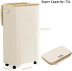 Laundry Basket with Wheels, Dirty Clothes Hamper on Wheels, Rolling Tall Laundry Hamper with lid for Laundry Room, Dorm and Bathroom, 75L Beige - Image 2